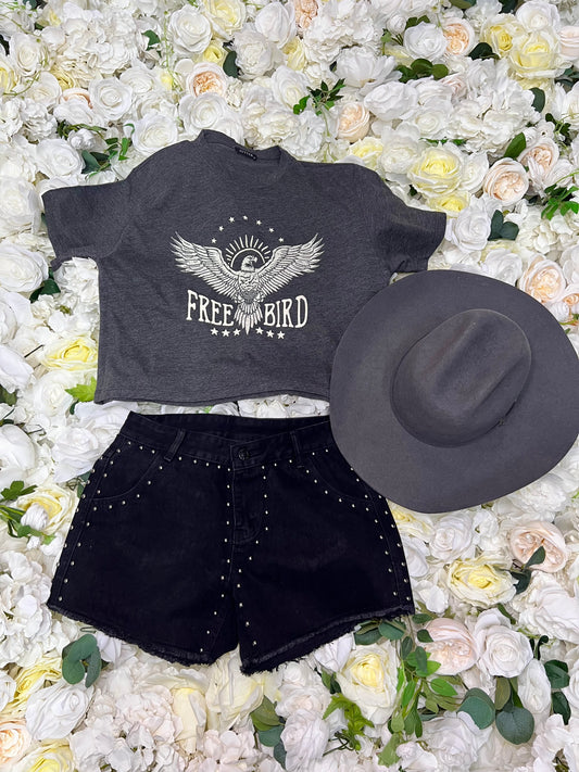 Free Bird Cropped Tee - Dark Grey