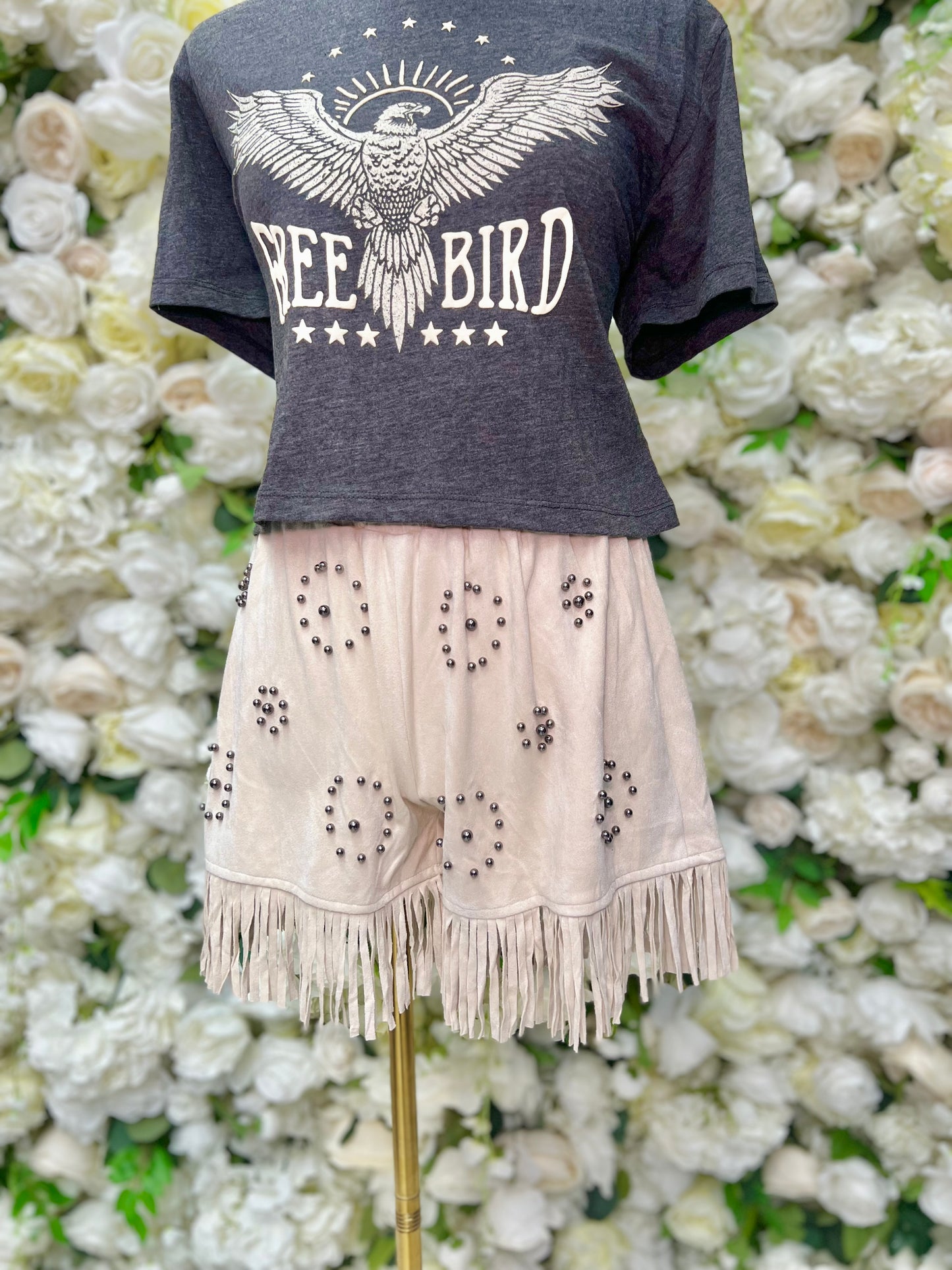 Tan Studded Fringe Shorts