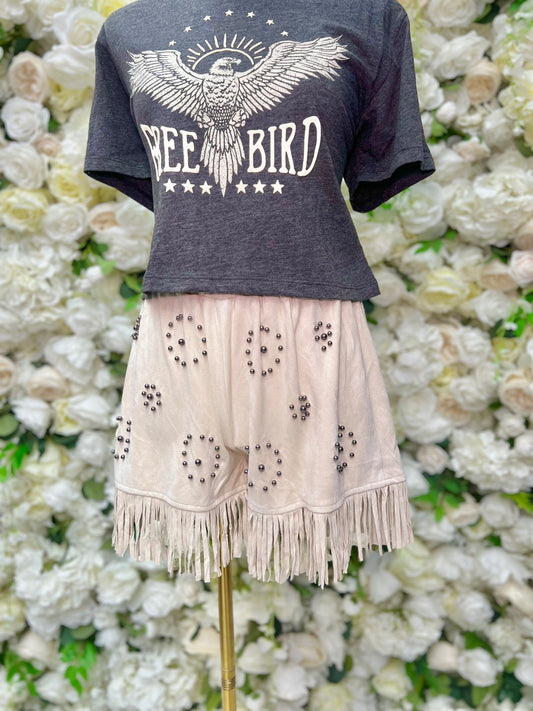 Tan Studded Fringe Shorts