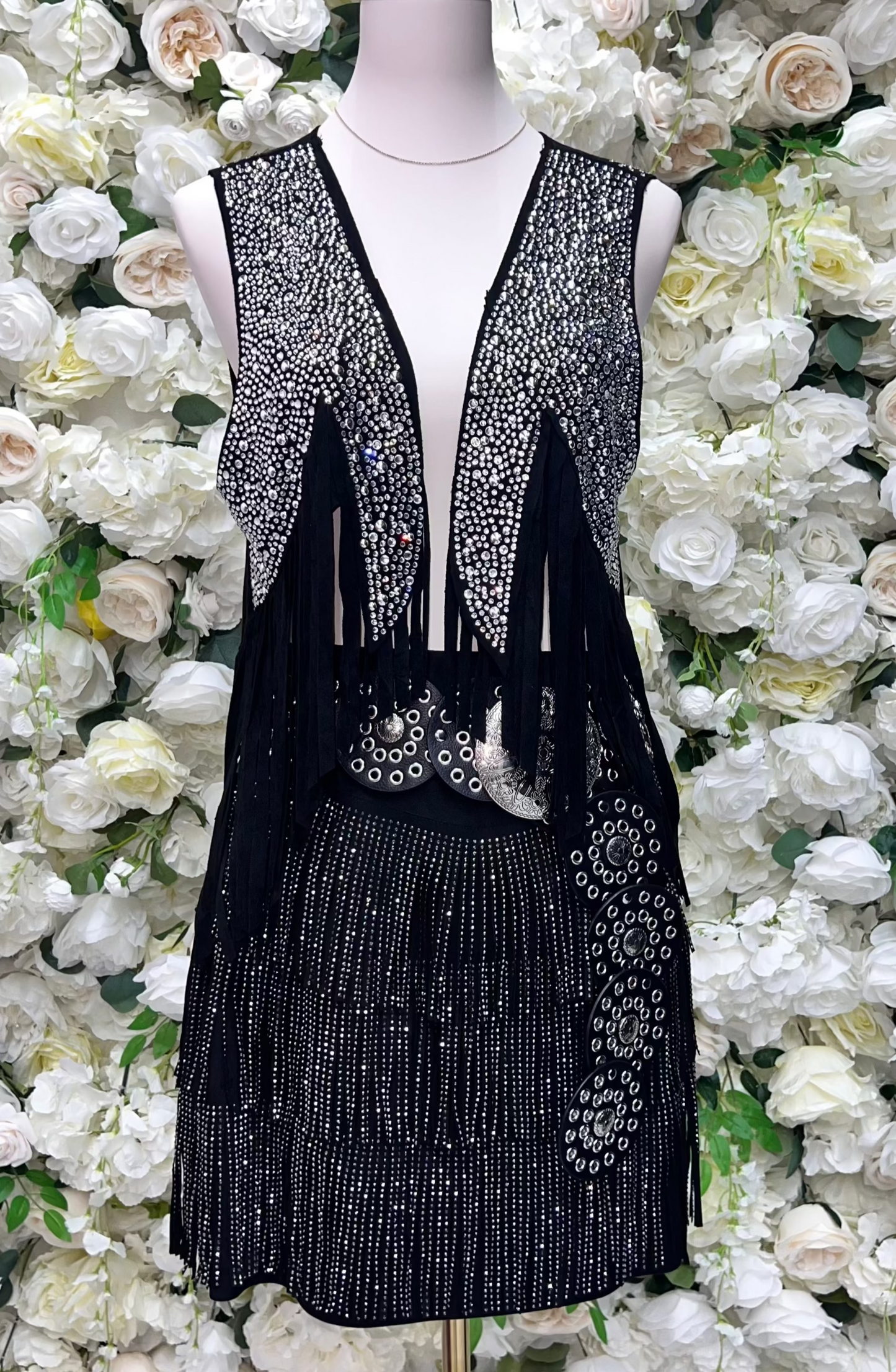 Black Rhinestone Fringe Vest