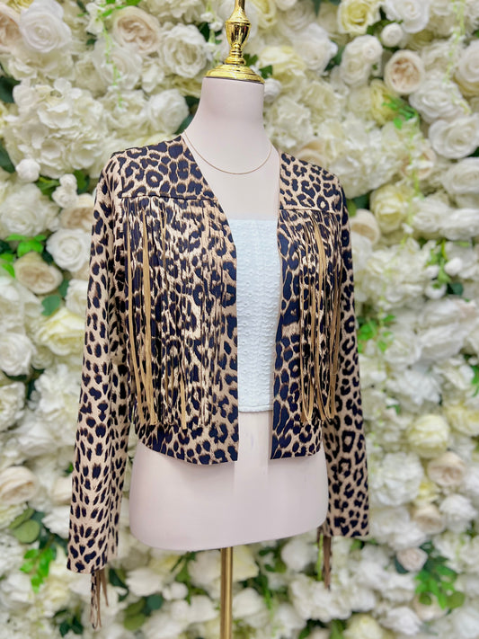 Cropped Fringe Leopard Jacket