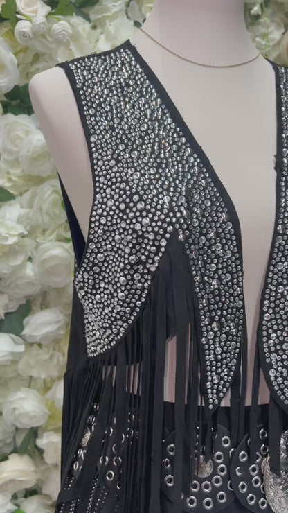 Black Rhinestone Fringe Vest